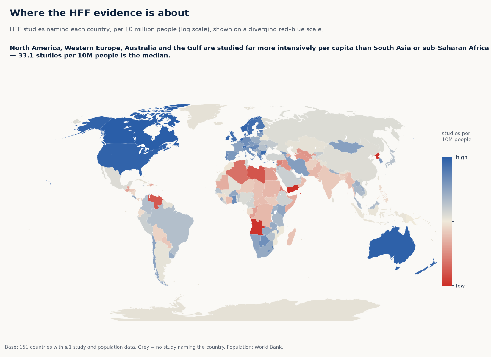 World map showing where health financing studies are focused